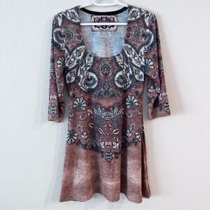 Amma LA 3/4 Sleeve Brown Print Tunic Dress Size S Polyester Blend